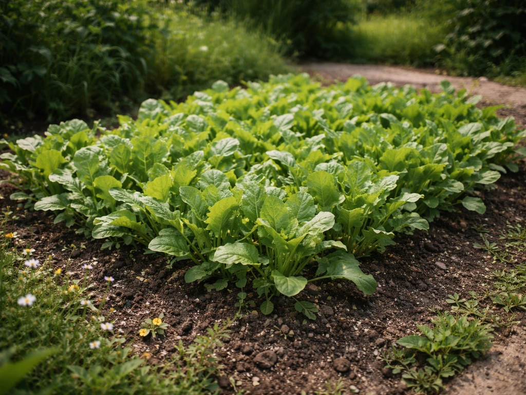 Lush green plants growing in a natural garden plot with sunlight filtering through leaves