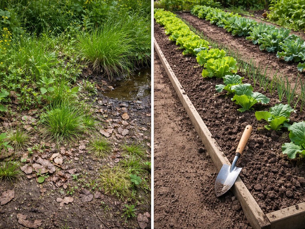 Split scene showing wild plants in uneven soil versus a neatly cultivated garden bed.