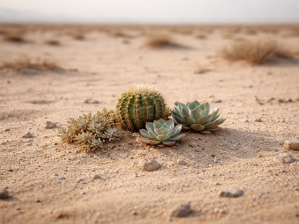 A cactus and low succulents grow in sparse sandy desert ground under bright natural light.
