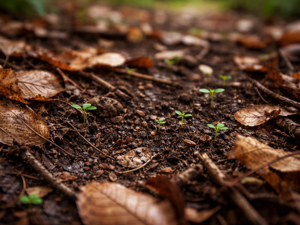 Closeup of temperate forest floor leaf litter with small plants emerging from moist soil.