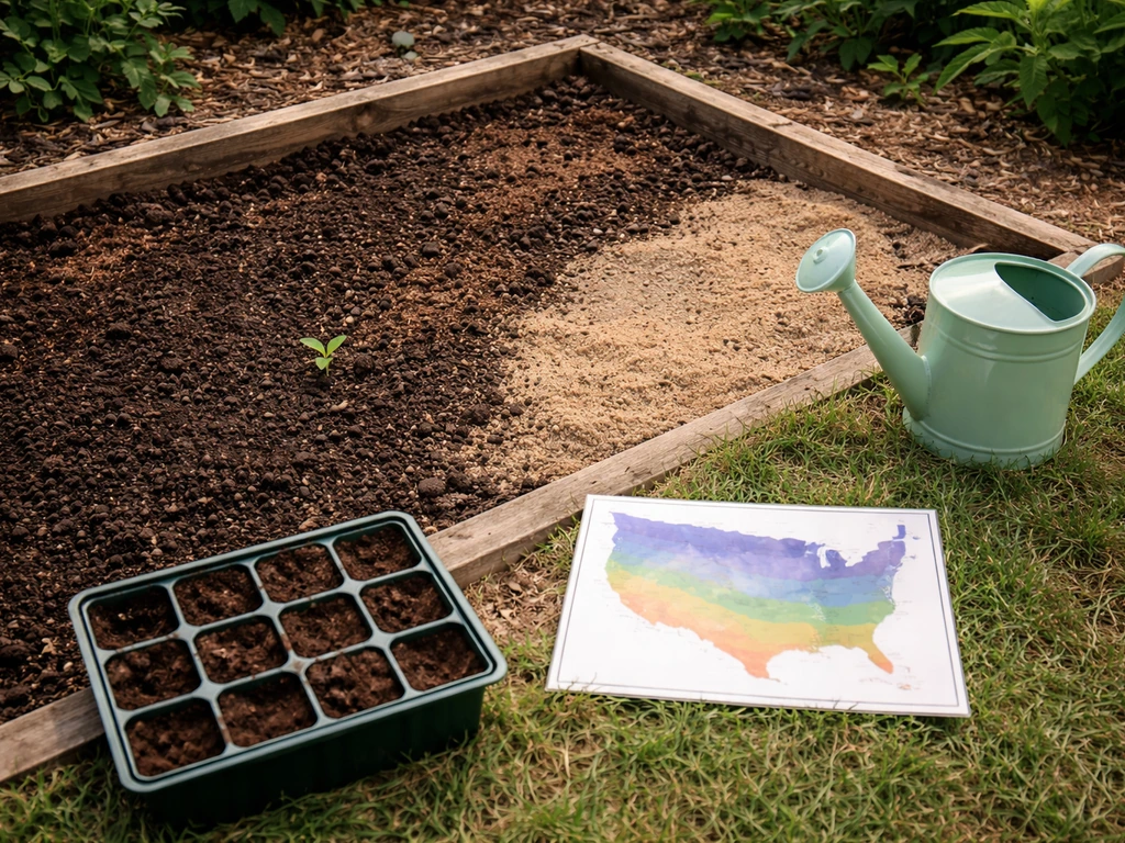 Small garden bed with soil textures and an unmarked zone-style map card for plant growth clues.