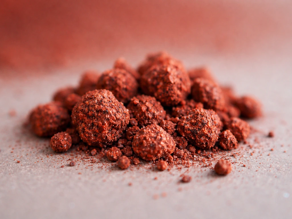 Macro view of rusty red iron-oxide coated soil granules with a subtle reddish gradient background.