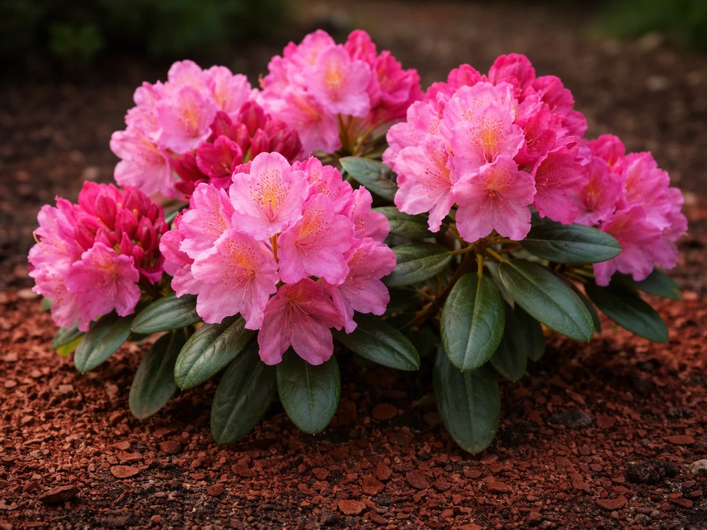 Close-up of red-toned garden blooms from rhododendron/azalea-like shrubs in acidic-looking soil beds.