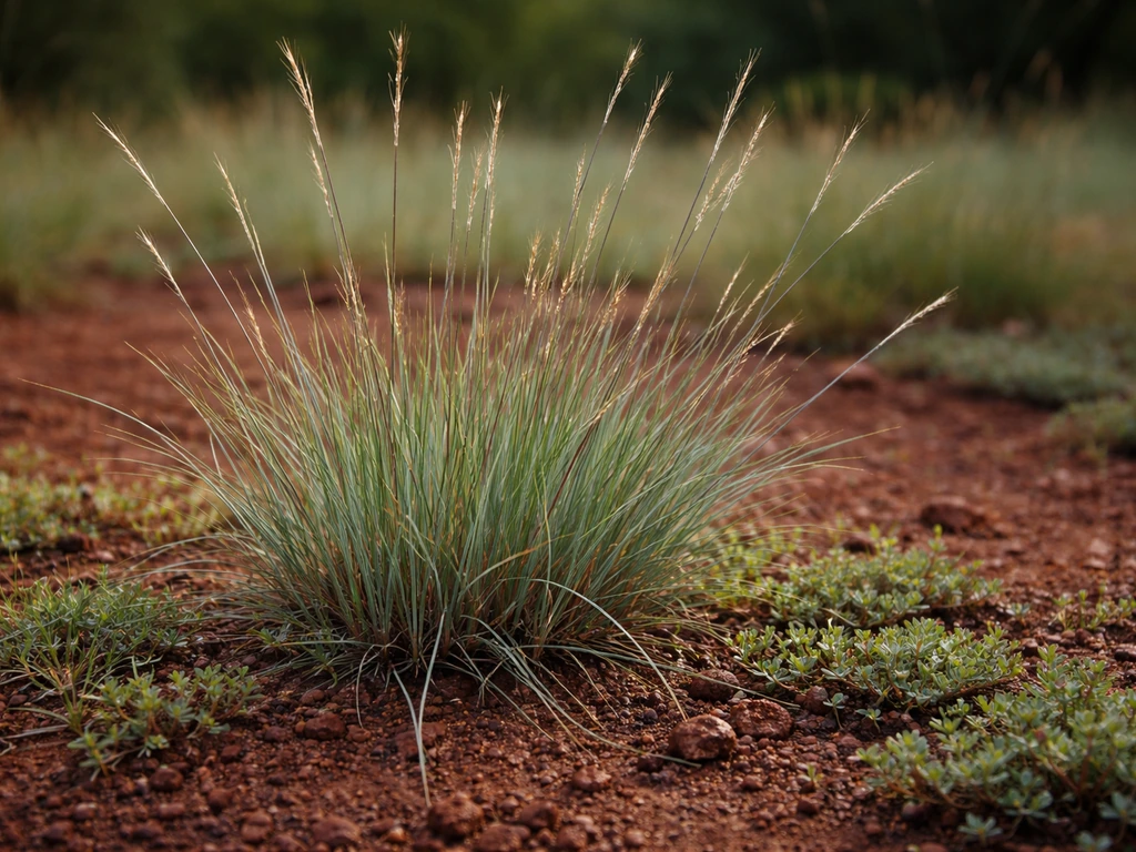 Little bluestem grass growing in red iron-rich soil, warm-season blades and seed heads in natural light.