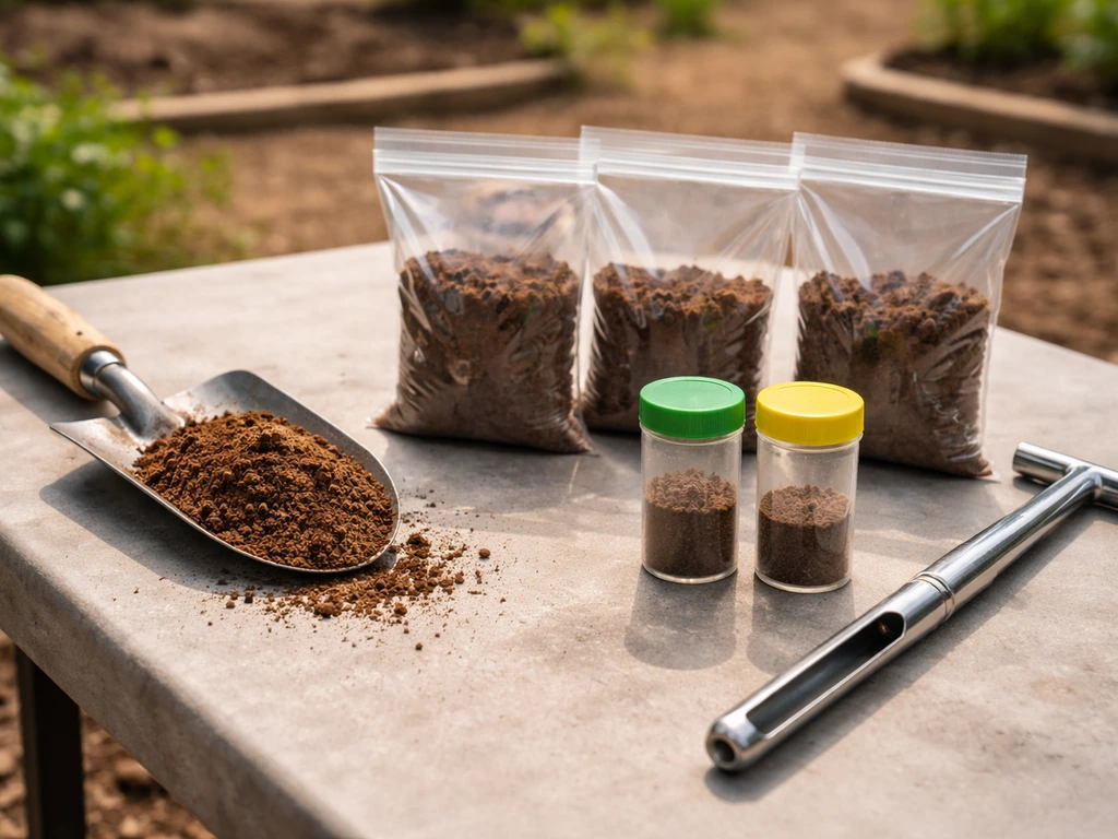 Garden soil test setup with shovel scoop, soil test containers, and sealed sample bags on a patio table.