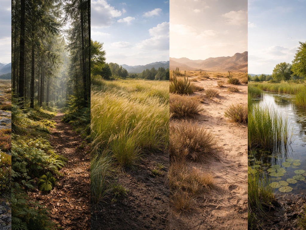 Scenic collage of tundra, forest, grassland, desert, and wetland showing distinct plants and ground textures.