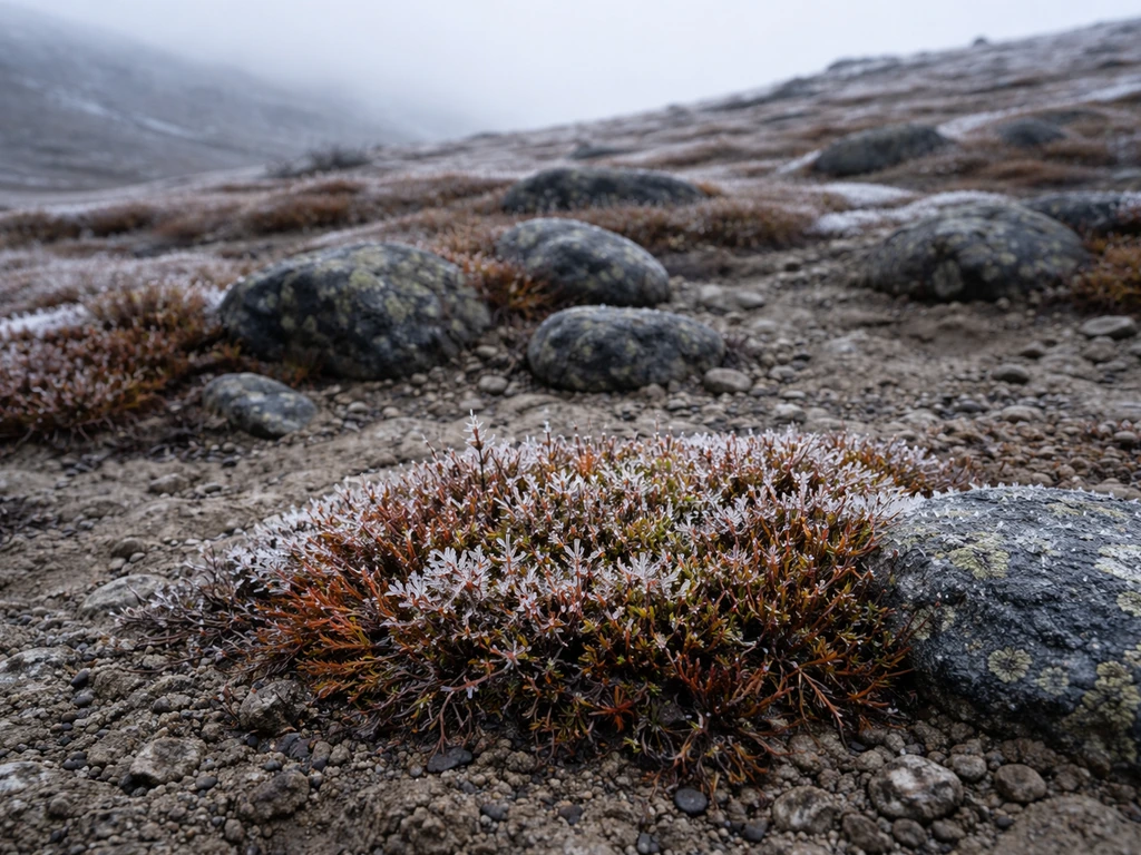 Arctic tundra ground with moss and sedges, frosty heave patterns on rocky soil.
