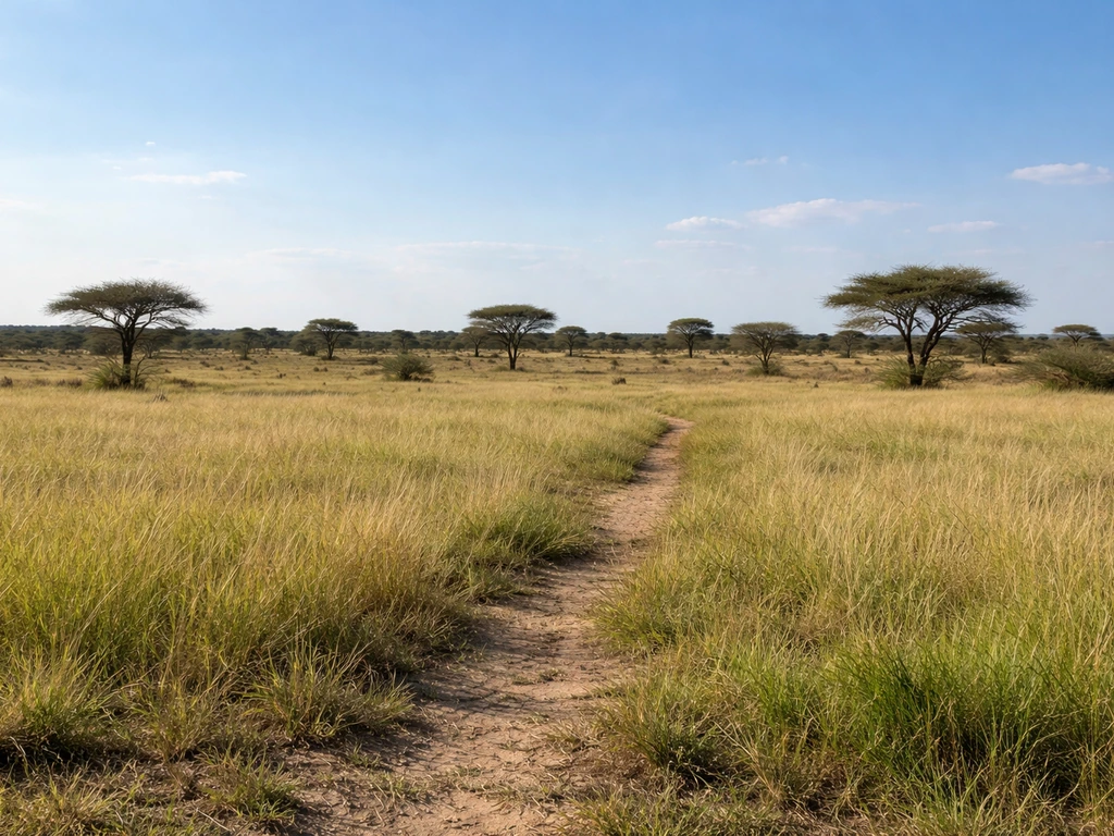 Sunlit open grassland with scattered drought-shaped trees under a wide sky