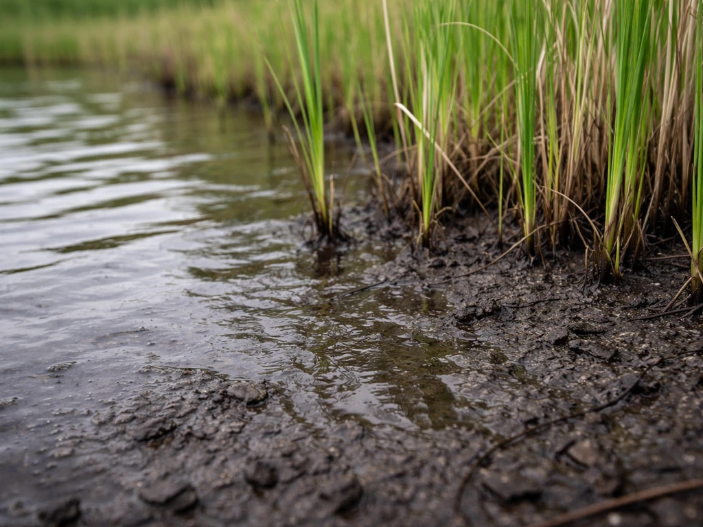 Saturated marsh edge with shallow standing water and emergent reeds growing from muddy soil
