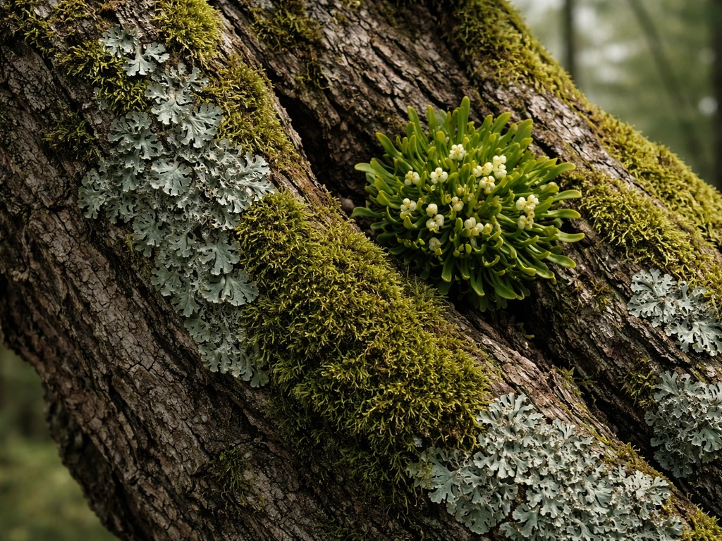 Close-up of tree bark with moss, lichens, and a small mistletoe clump growing on branches