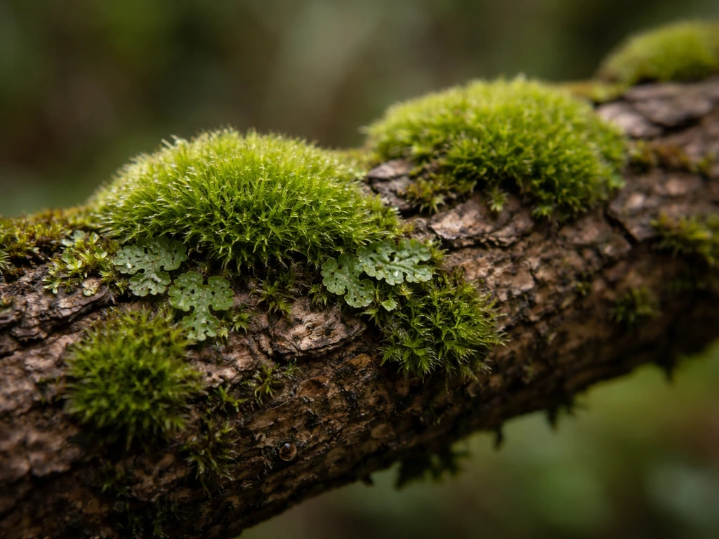 Soft green moss and liverwort-like patches gripping rough tree bark in a close-up
