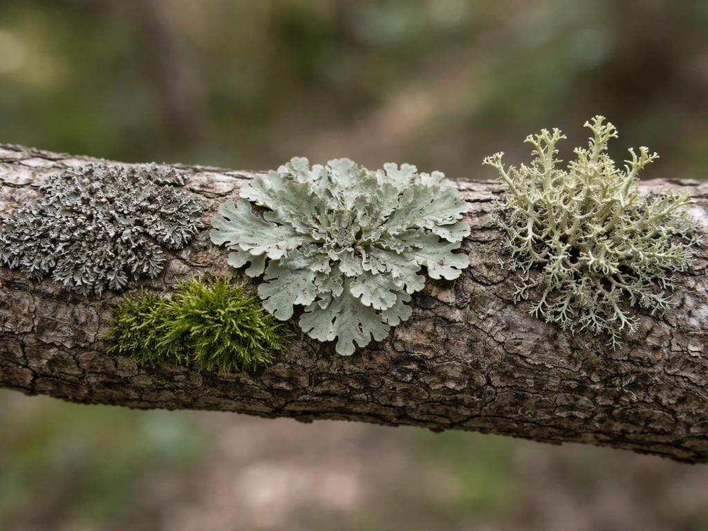 Close-up of a tree branch showing crusty, leafy, and fruticose lichens with a small moss patch for contrast.