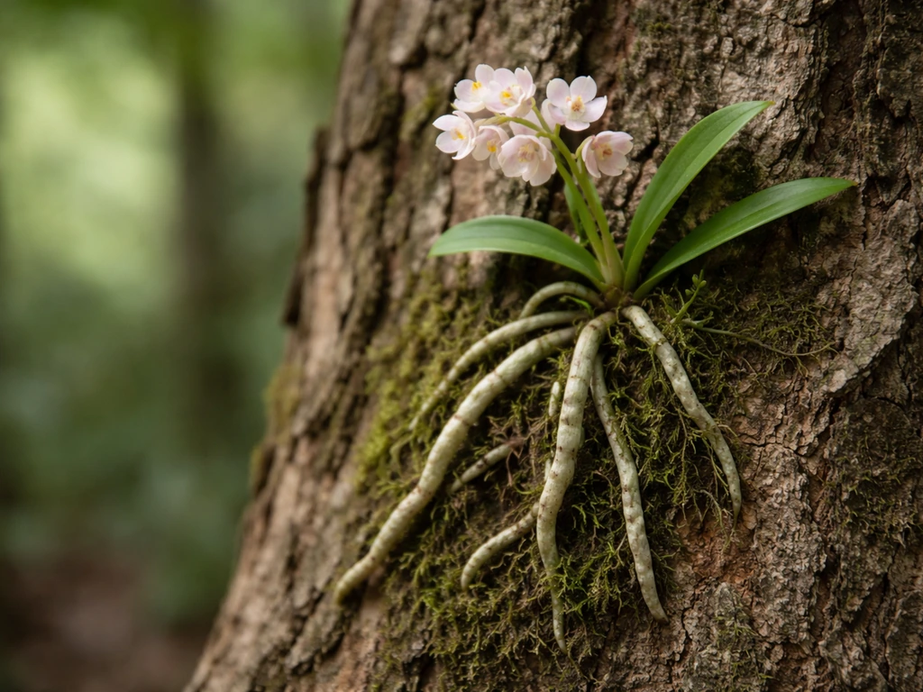 Close-up of an epiphytic orchid mounted on a tree trunk, with aerial roots gripping the bark.