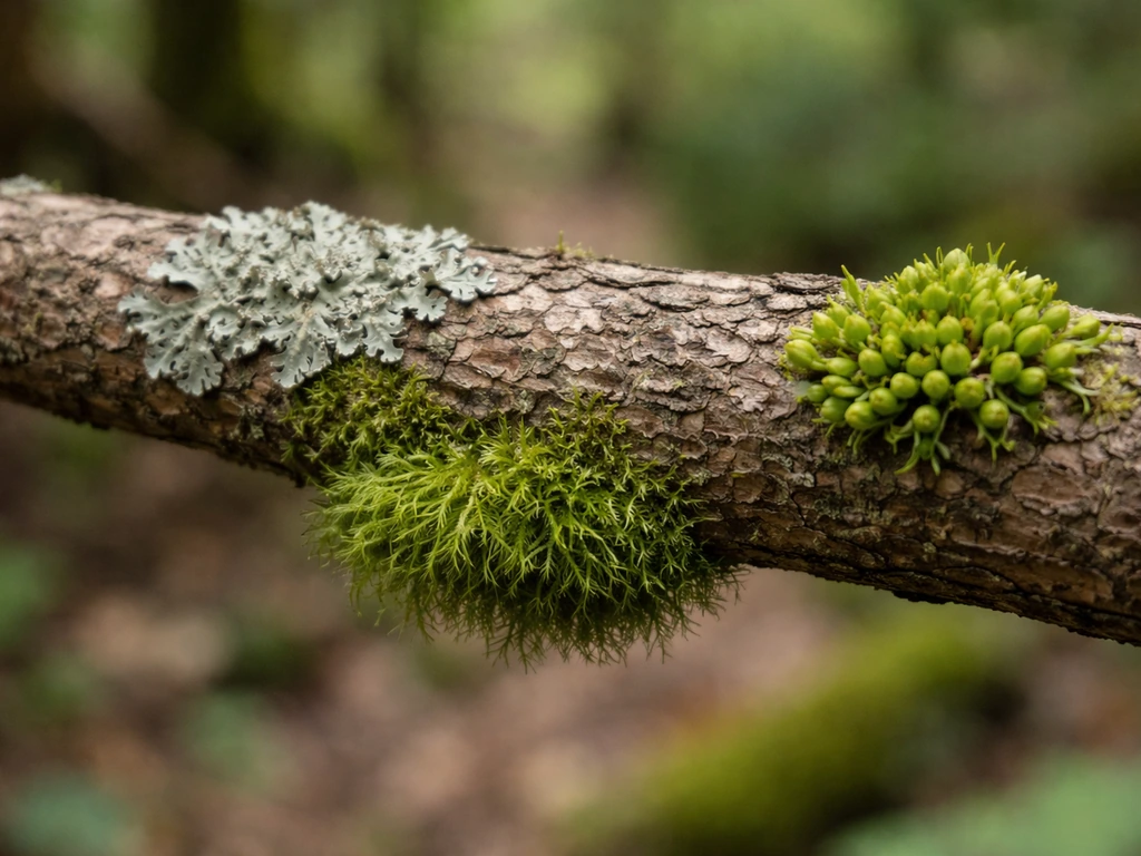 Close-up of a tree branch showing lichen patch, moss clump, and small rounded growth cluster.
