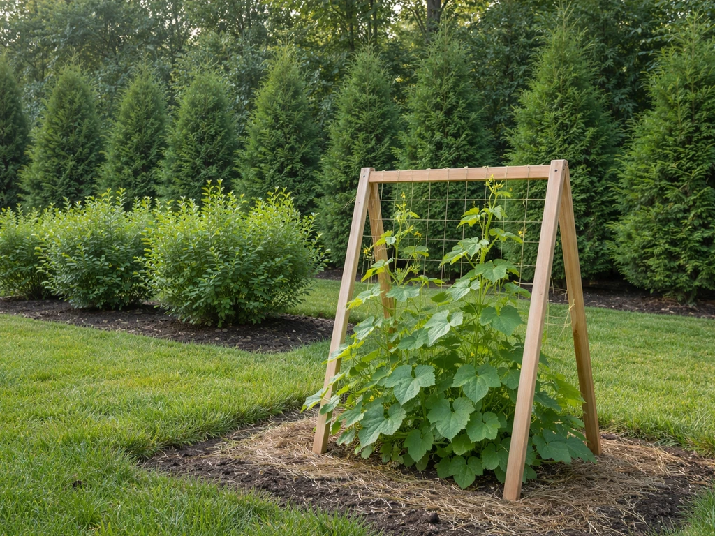 Minimal garden scene showing fast-growing tall plants: trees, shrubs, and a trellised vine outdoors.