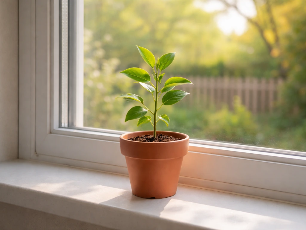 Minimal photo of a small indoor plant on a windowsill with a faint seasonal growth cue in the background.