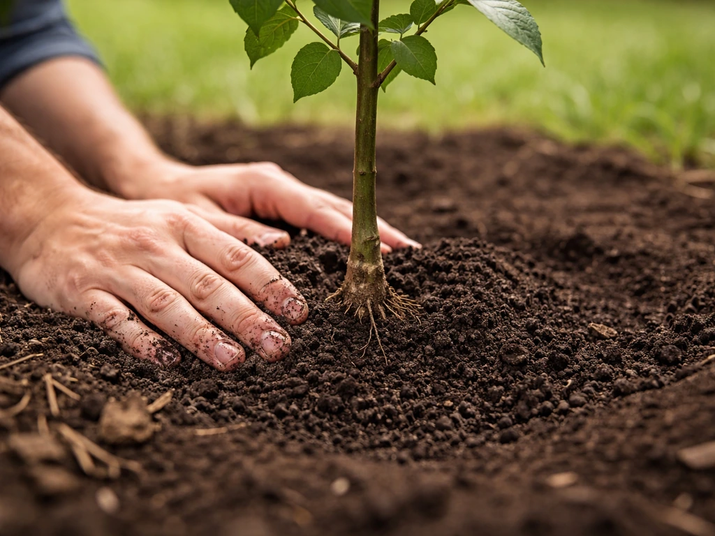 Close-up of a newly planted tree with root flare correctly above soil in a simple garden bed.