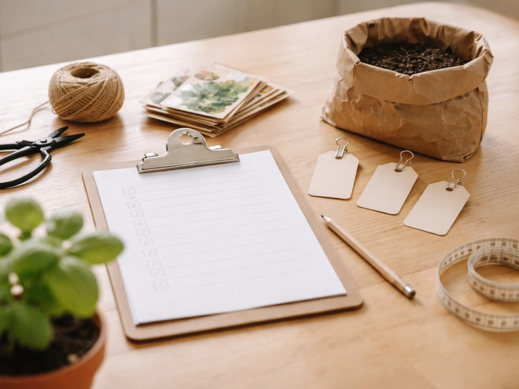 Minimal desk scene with a printed nursery checklist, seed packets, soil bag, and numbered tags