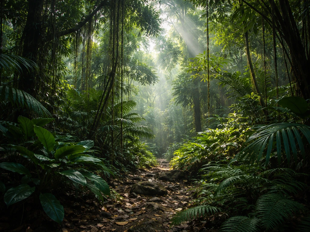 Sunlight filters through dense layered tropical rainforest canopy with lush green foliage and mist.