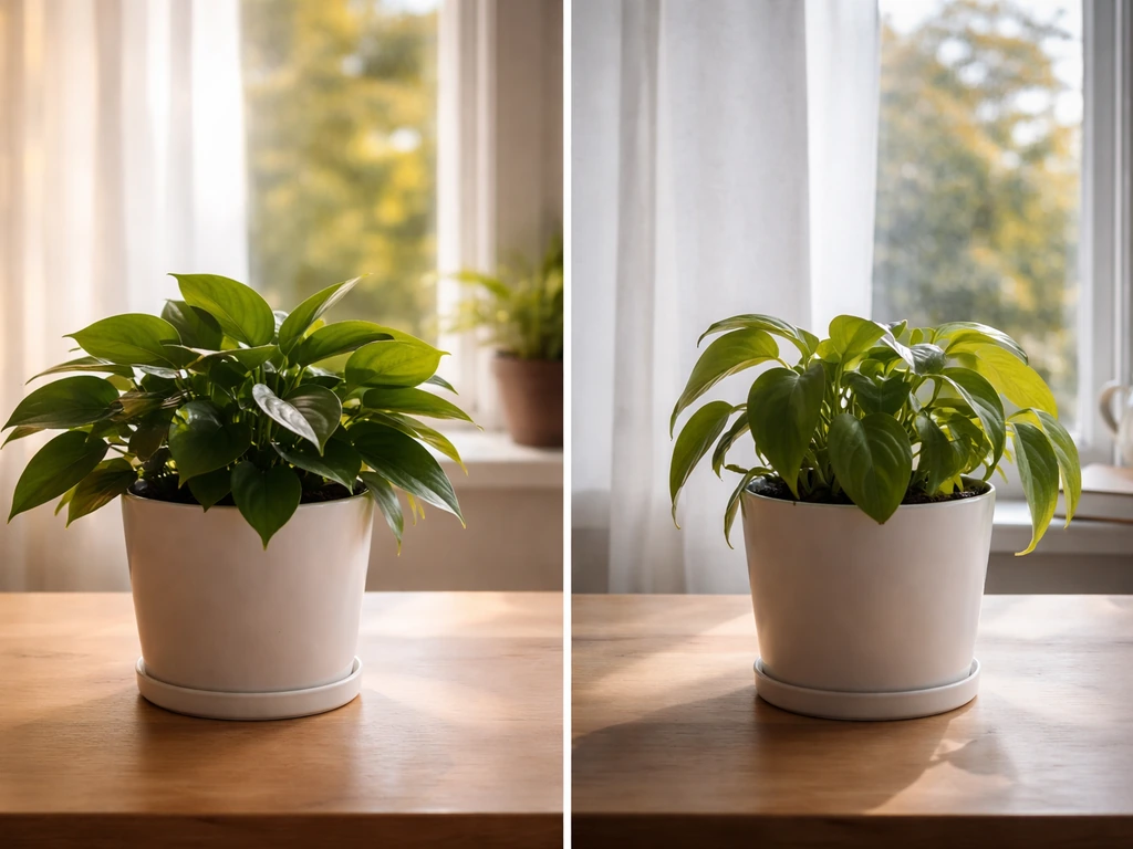 Two potted plants side-by-side in window light: one lush, one slightly stressed, suggesting stable vs swing climates.