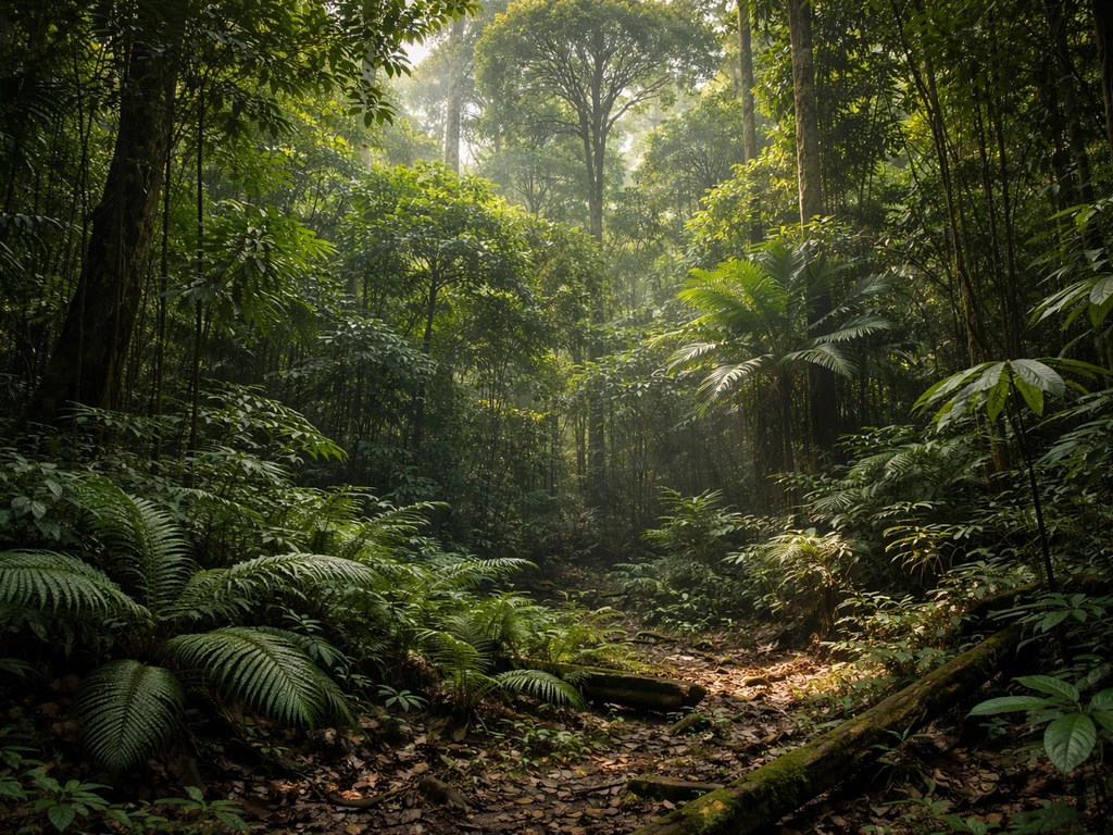 Minimal cutaway-style field cross-section of tropical layers: emergent trees, closed canopy, and shaded understory.