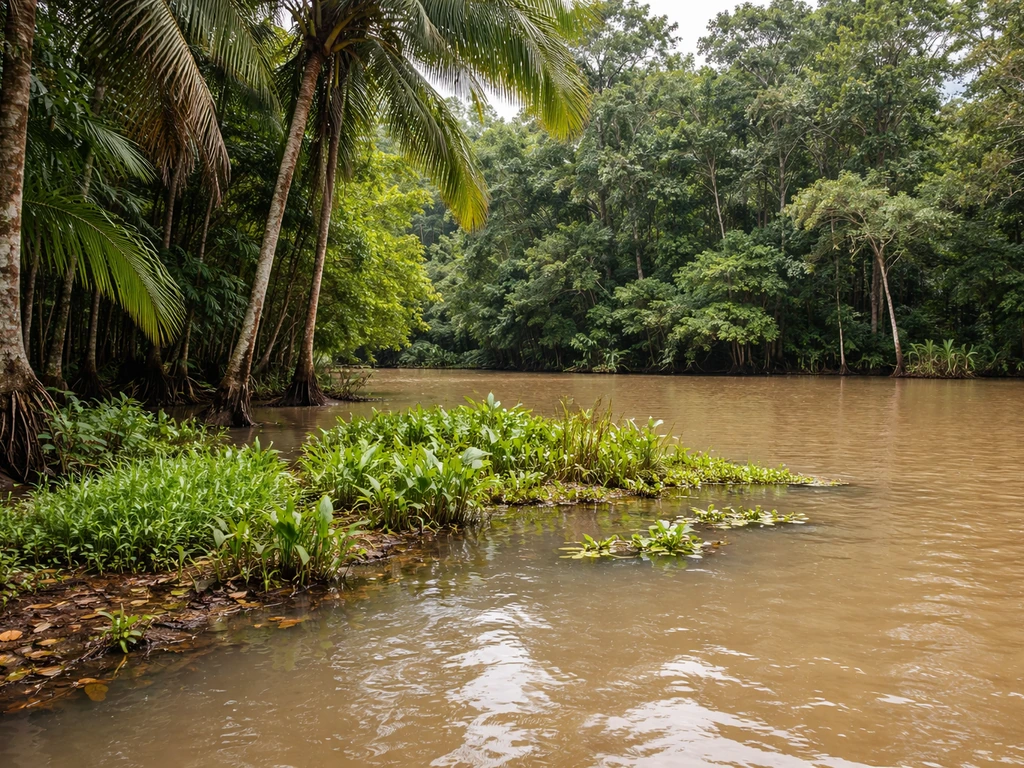 Tropical riverbank with seasonally flooded floodplain water and lush wetland plants near a várzea forest edge.