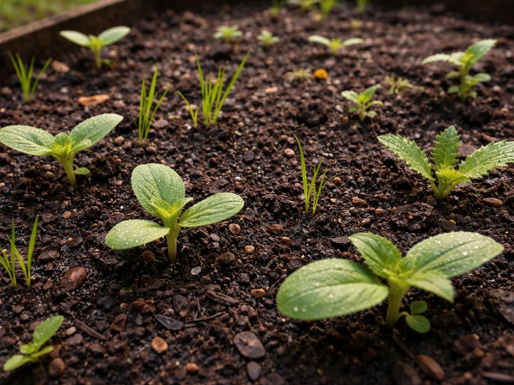 Backyard soil patch with several bird-seed sprouts including grass shoots, sunflower-like seedlings, and thistle-like gr