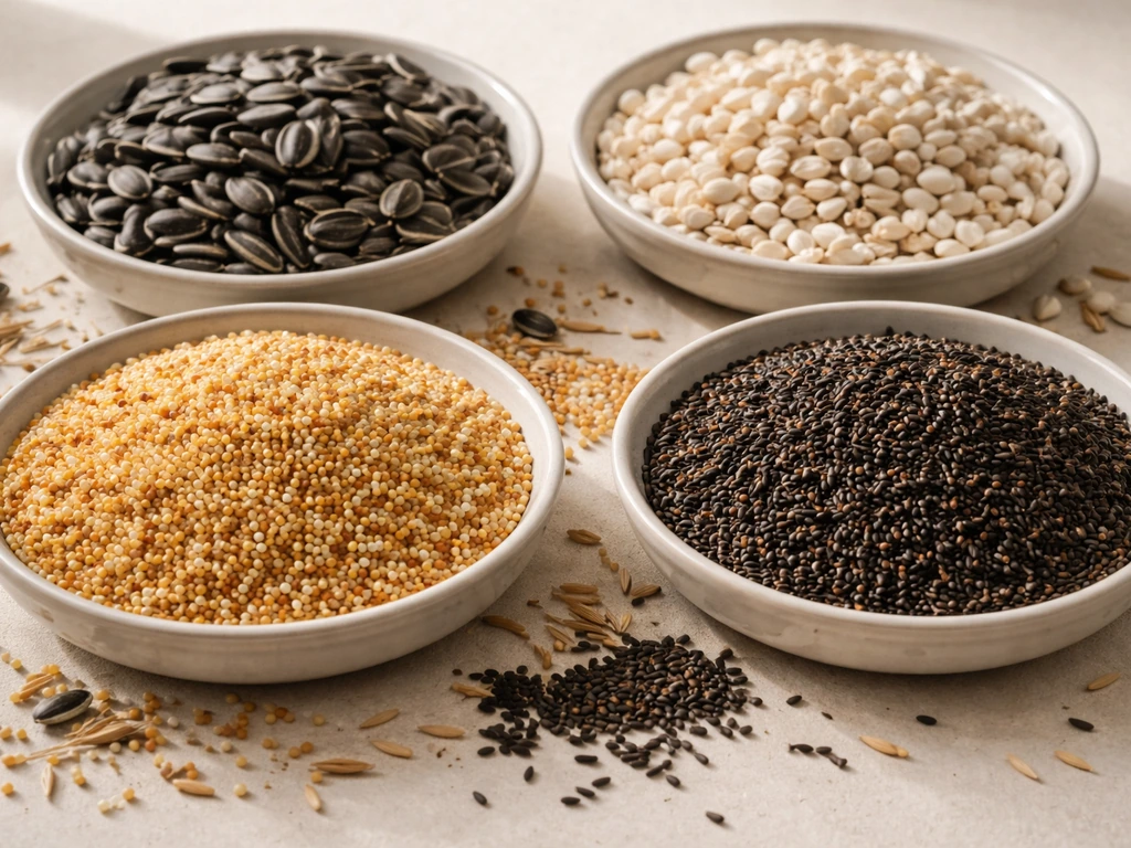 Close-up of mixed wild bird seed ingredients: sunflower, millet, nyjer, and safflower.