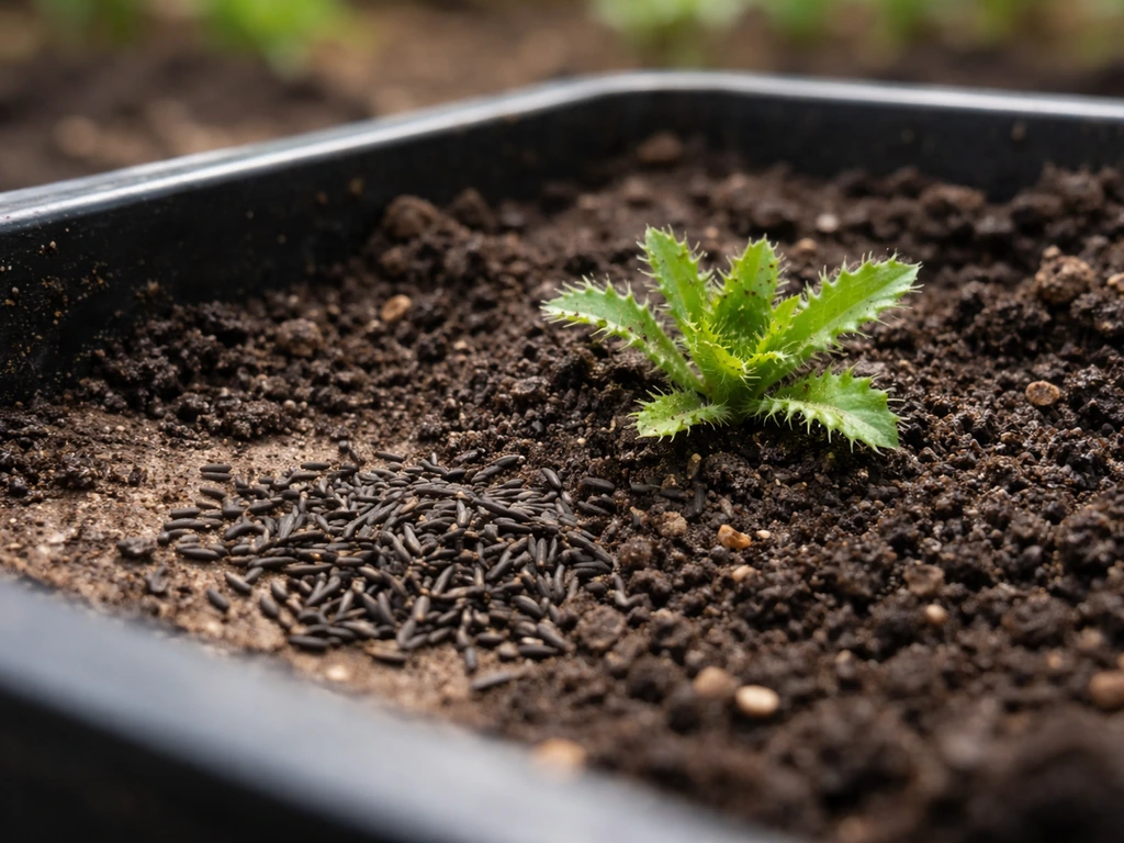 Small thistle seed grains and a tiny thistle seedling in a simple seed-starting tray in a garden.