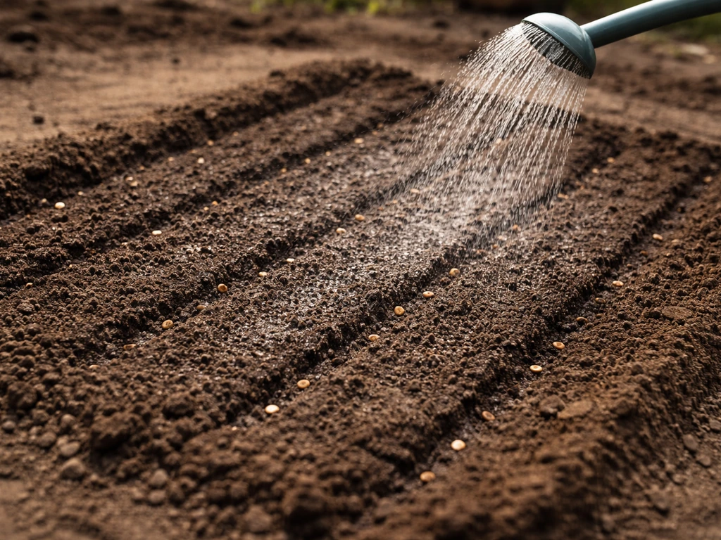 Close view of moist seedbed soil with a gentle watering stream and small planted furrows