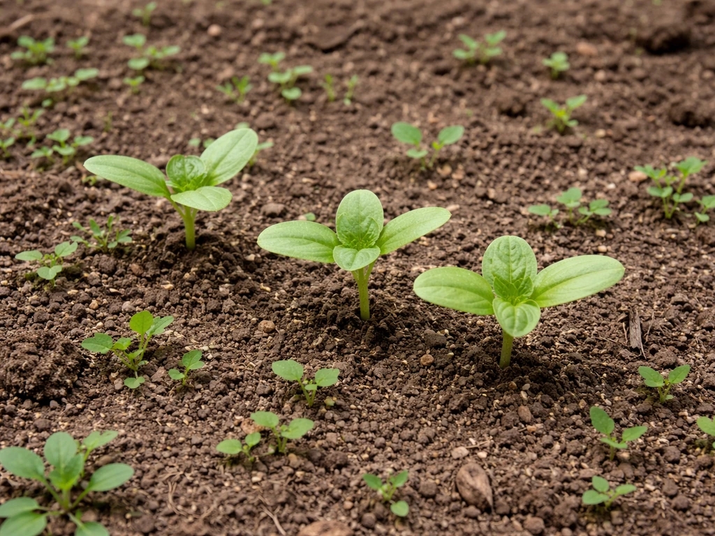 Mixed volunteer seedlings in a small garden bed, including sunflower sprouts alongside possible weeds.