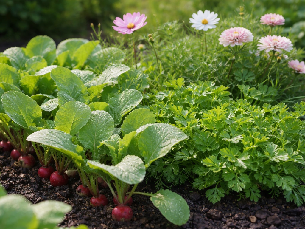 Vibrant vegetable-and-flower garden bed with radish greens, leafy herbs, and fresh blooms