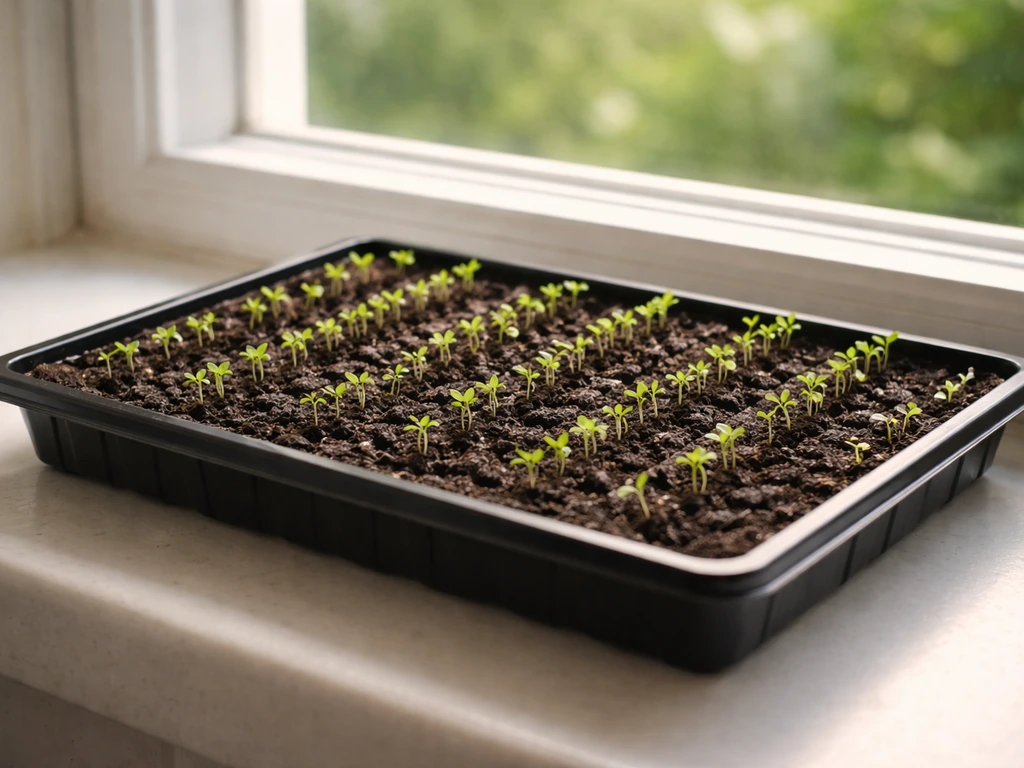 A seed tray on a sunny windowsill with tiny early sprouts showing quick germination stages.