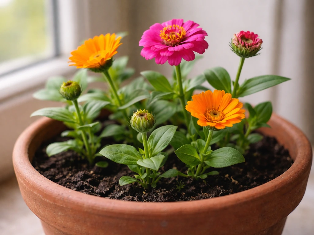 Young zinnia and calendula seedlings in a clay pot with fresh blossoms by a sunny window.