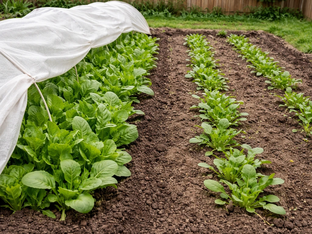 Two garden rows: fast thriving greens in spring/fall covered row, and slower growth outside the window.