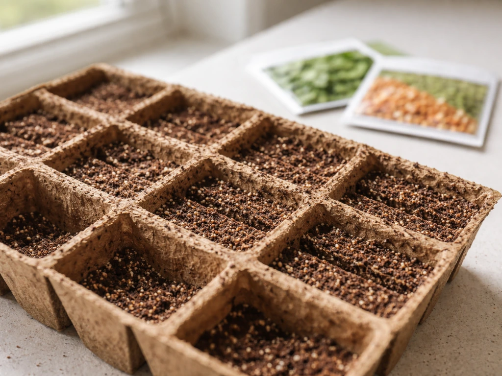 Close-up of seed-starting mix in small cells with labeled seed packets beside them