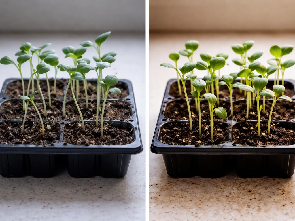 Side-by-side seedling tray: leggy, wilted seedlings in cool dry soil vs upright seedlings in warm moist soil.