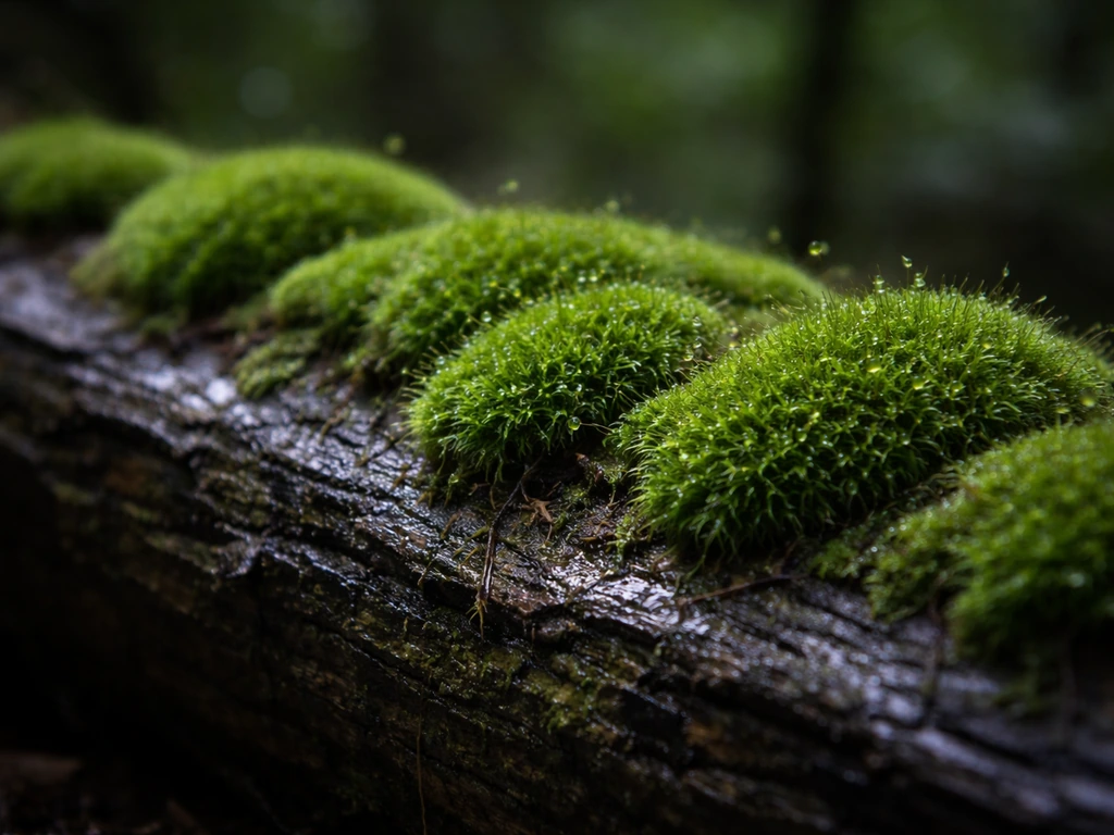 Lush green moss thriving on a wet shaded forest log with soft blurred background bokeh.