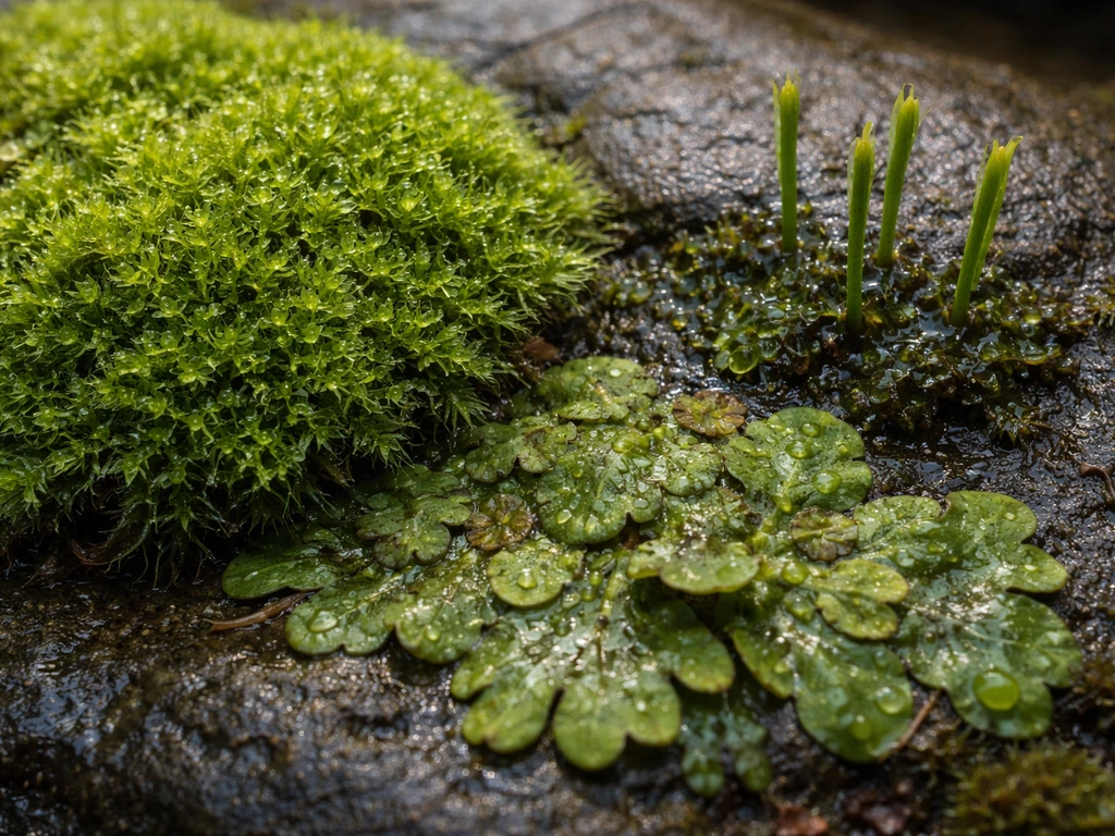 Close-up of moss, liverwort, and hornwort growing on a damp rock surface.