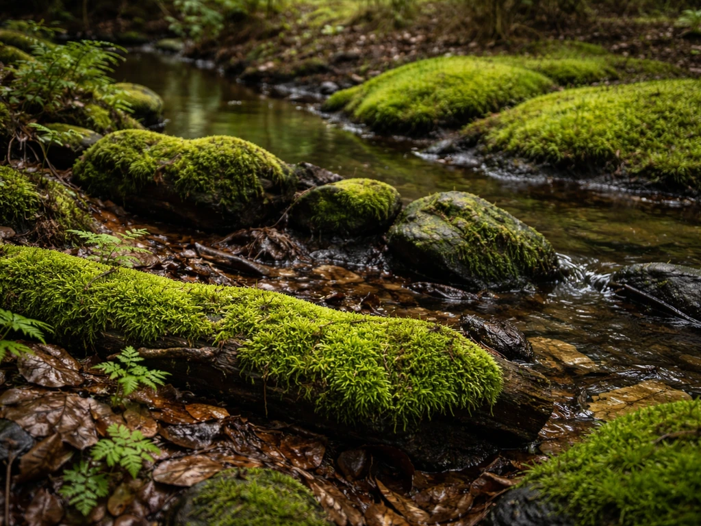Shaded forest floor with mossy logs, a stream edge, and a small bog patch with green bryophyte mats.