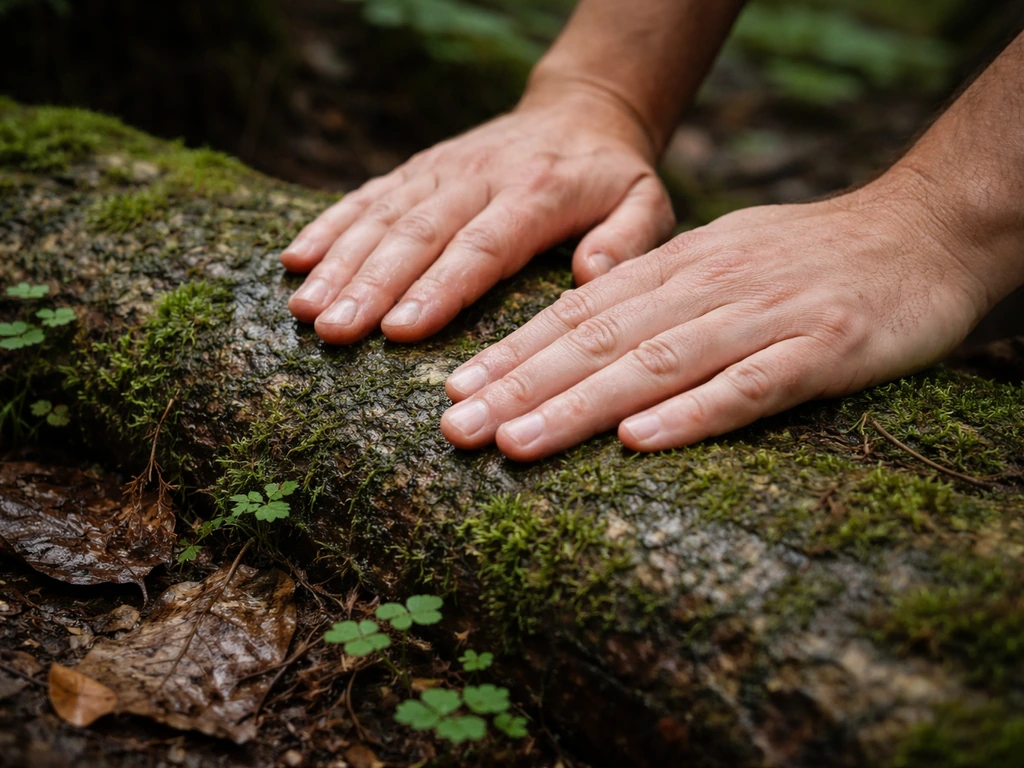 Hands checking soil moisture on a shaded forest log for bryophyte-friendly habitat
