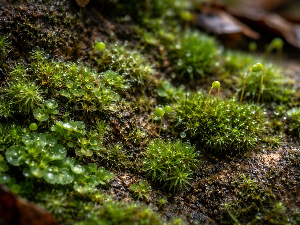 Macro close-up of lush green moss and liverwort mats on a damp, shaded rock with visible tiny structures in crevices.