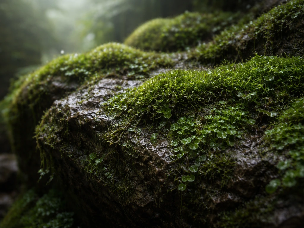 Close-up of lush green moss with tiny water droplets on a damp rock in a humid microhabitat.