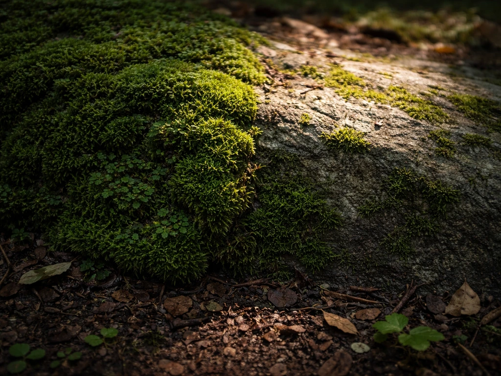 Moss-covered rock with dense bryophytes in shade and sparser growth in brighter light.