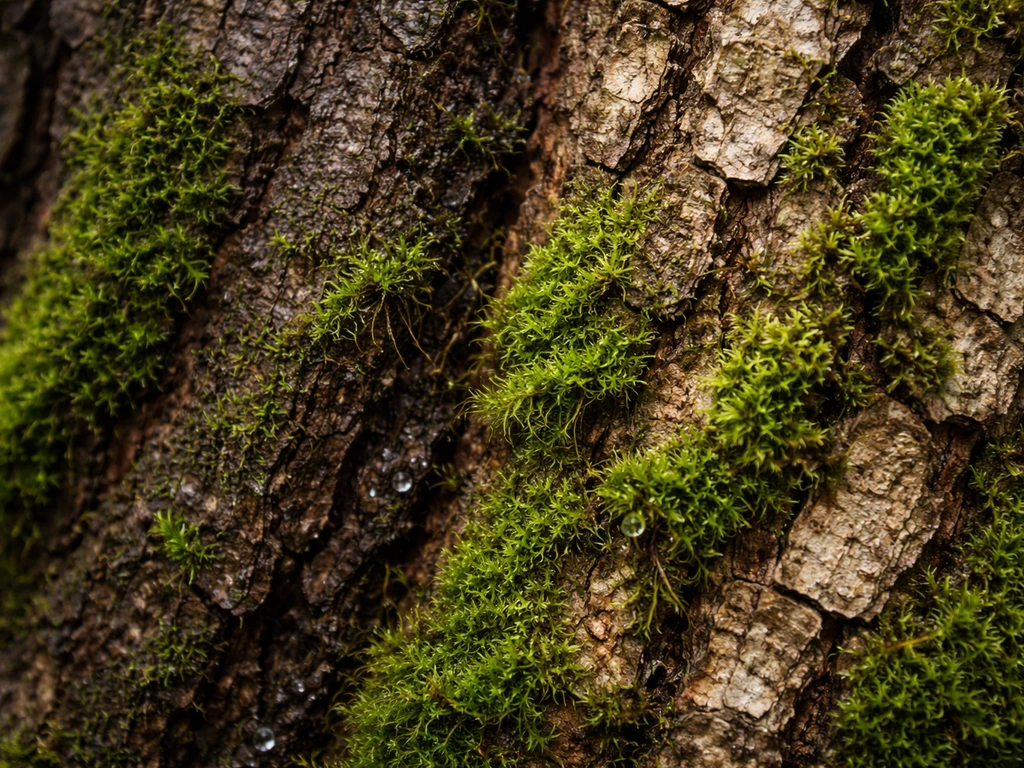 Close-up of bryophytes anchored on rough tree bark, showing textured acidic vs base-rich microhabitats.