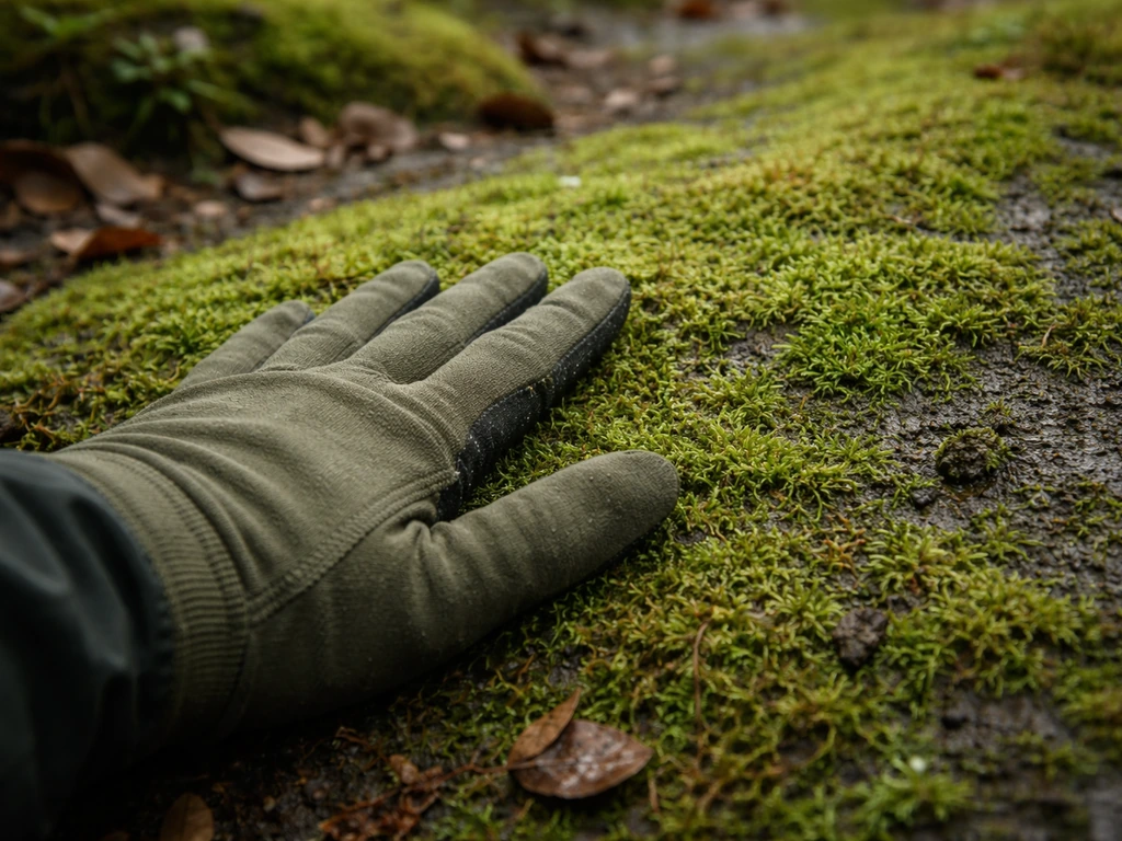 Hand presses mossy rock surface; cool damp soil with bryophyte-like moss thriving.