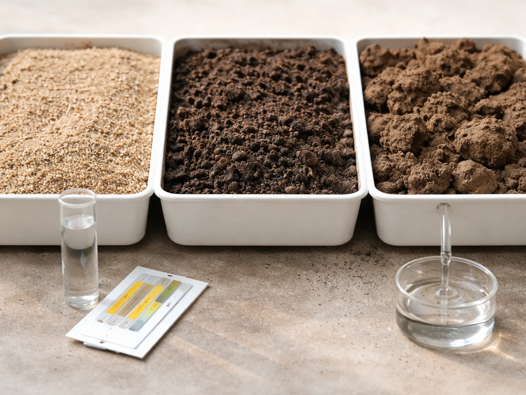 Close-up collage of sandy, loamy, and clay soil textures with a simple water-drip drainage setup