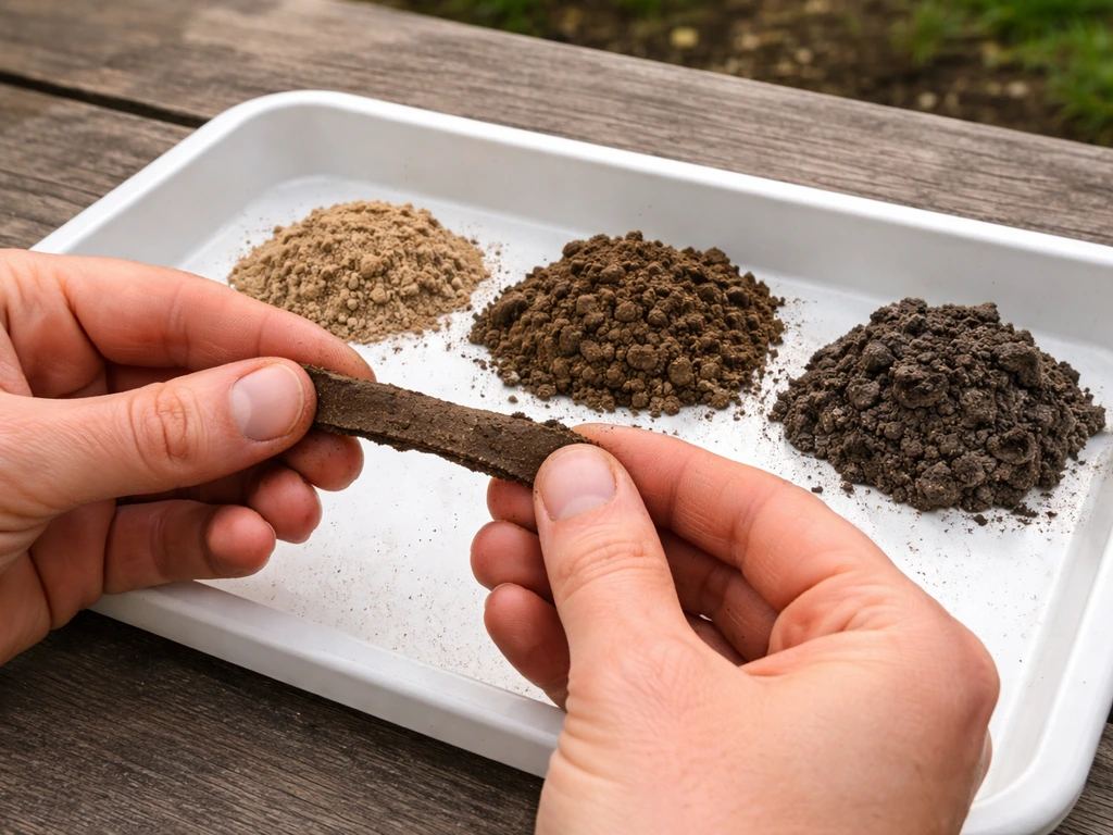 Close-up of hands performing a soil ribbon test with small soil samples on a garden tray