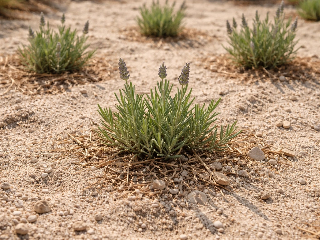 Lavender planted in dry sandy soil bed with rocky texture and mulch for fast-draining conditions.