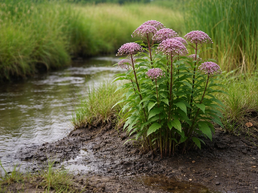 Joe-Pye weed growing along a moist stream bank with rich clay soil and slow-draining wet edge.